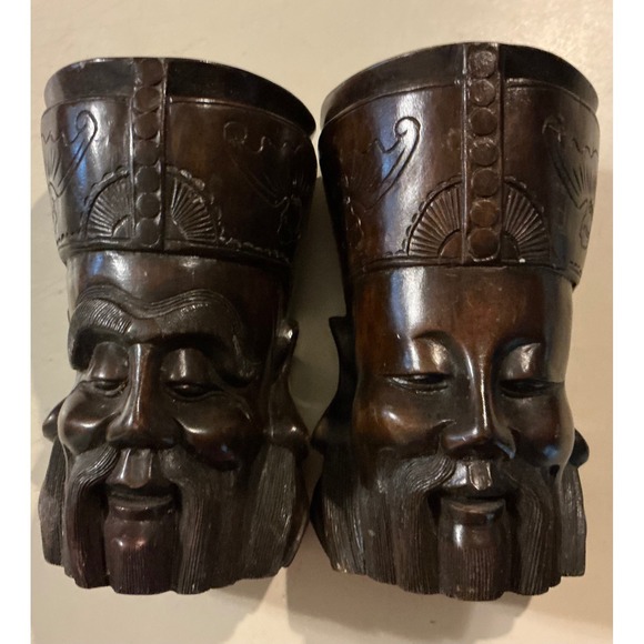 Vintage Hand Carved Wood Asian Wise Men Bookends Pair Dark Brown Figurine Sages